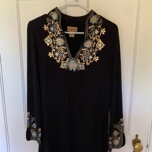 Midnight Velvet Vintage Tunic Black with Printed Gold Blue White Size S
